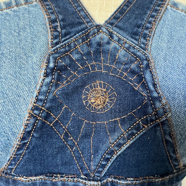 Evileye, upcycled denim corset top, handmade festival/concert denim jeans outfit, Summer tube top