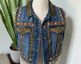 Beaded tassels, multi-iridescent colored beaded trims, gold studded, richly embellished bohemian denim vest, size medium ladies vest