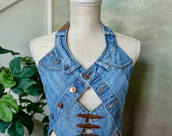 Upcycled, one of a kind, denim halter/tube top, trendy denim summer corset, street style denim tube top, influencer, music festival outfit