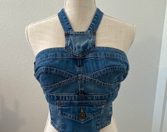 Festival denim, trendy, boho chic, street style, handmade denim halter top