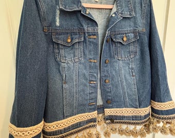 Upcycled Denim Jacket:  Embellished Bohemian Fall Coat