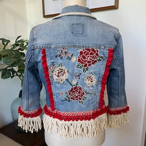 Floral embroidery patch, Upcycled, handmade, bohemian, boho chic denim jean jacket, fall, festival, one of a kind, statement concert jacket