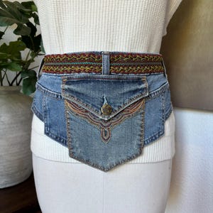 Handmade Denim Pocket Belt: Bohemian Jean Waistband, Adjustable Tie
