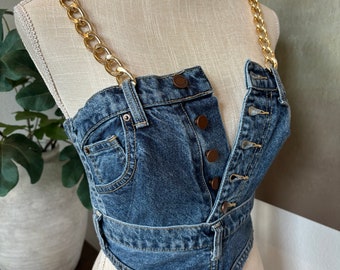 Upcycled/deconstructed/handmade denim corset top, gold metal shoulder straps, concer/summer outfit