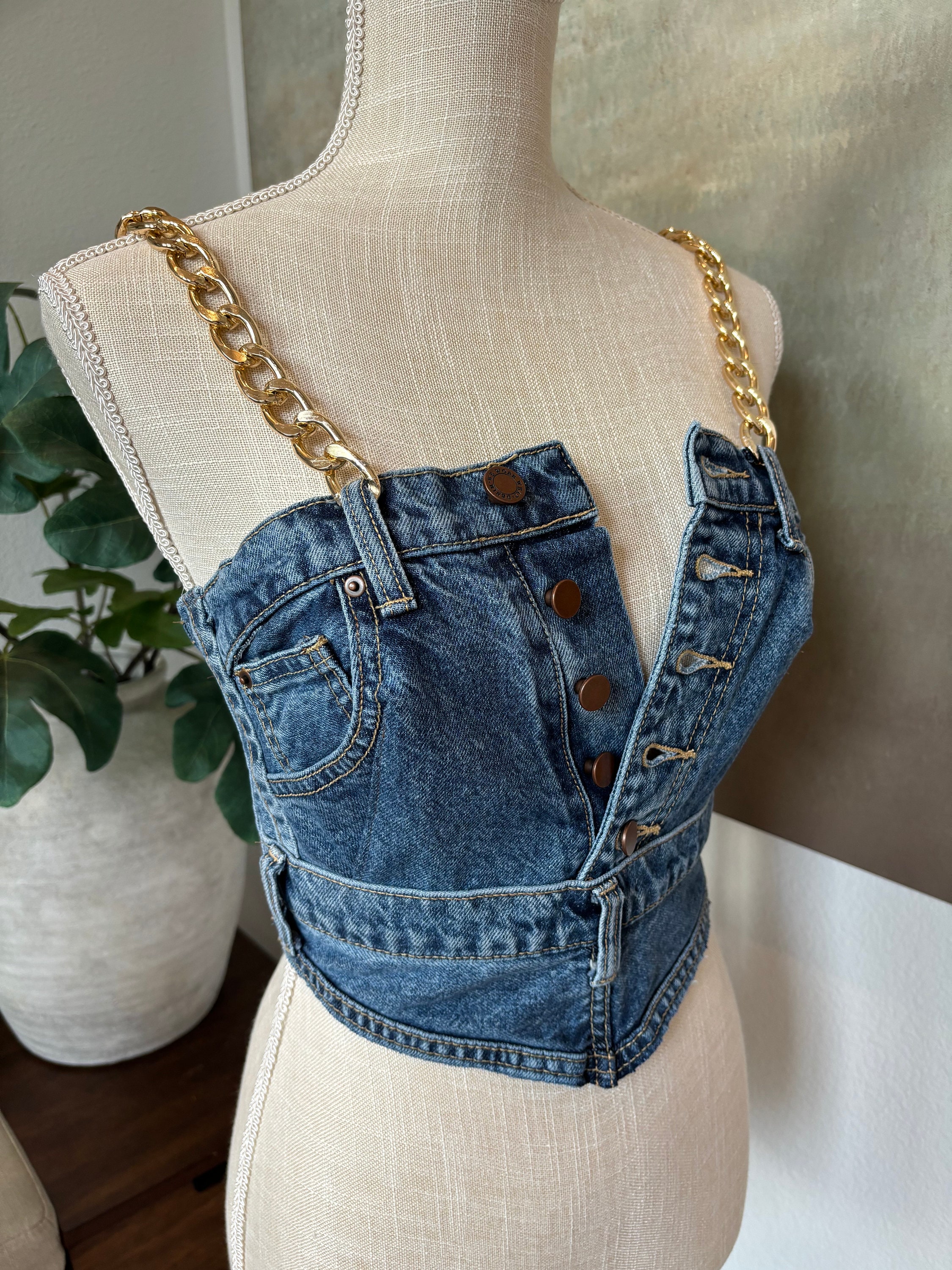 Upcycled/deconstructed/handmade denim corset top, gold metal shoulder straps, concer/summer outfit