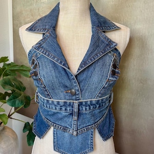 Lady Lapel Denim Vest, Sleeveless Jean Vest  with Peplums, Backless Denim Vest, Size Medium, V neck lapel denim vest, Fitted Vintage Style