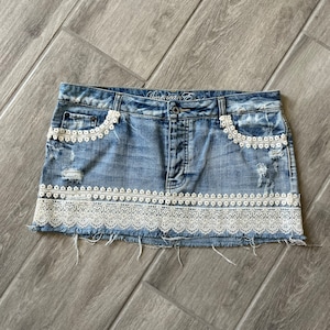 Size 10, embellished denim skirt on American Eagle, bachelorette outfit, festival, concert,  summer, pretty, flirty mini jean skirt