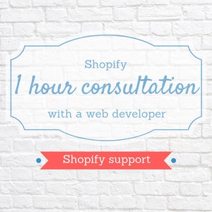 Op de afbeelding: Een witte bakstenen muur met een blauw en wit ingelijst bord waarop staat "Shopify 1 uur consult met een webdeveloper". Onder het bord is een rode banner met de tekst "Shopify support".