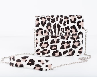 Designer &quot;Pony&quot; Handmade Bag, Purse, Clutch, White Leopard Bag, Crossbody, Mini-bag, Leather bag, Evening bag, Evening clutch, OAKK