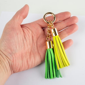 Green/Yellow Neon small genuine leather tassels for handbag. Leather fringe. Leather keychain. Bag Charm. Select color. Custom orders.
