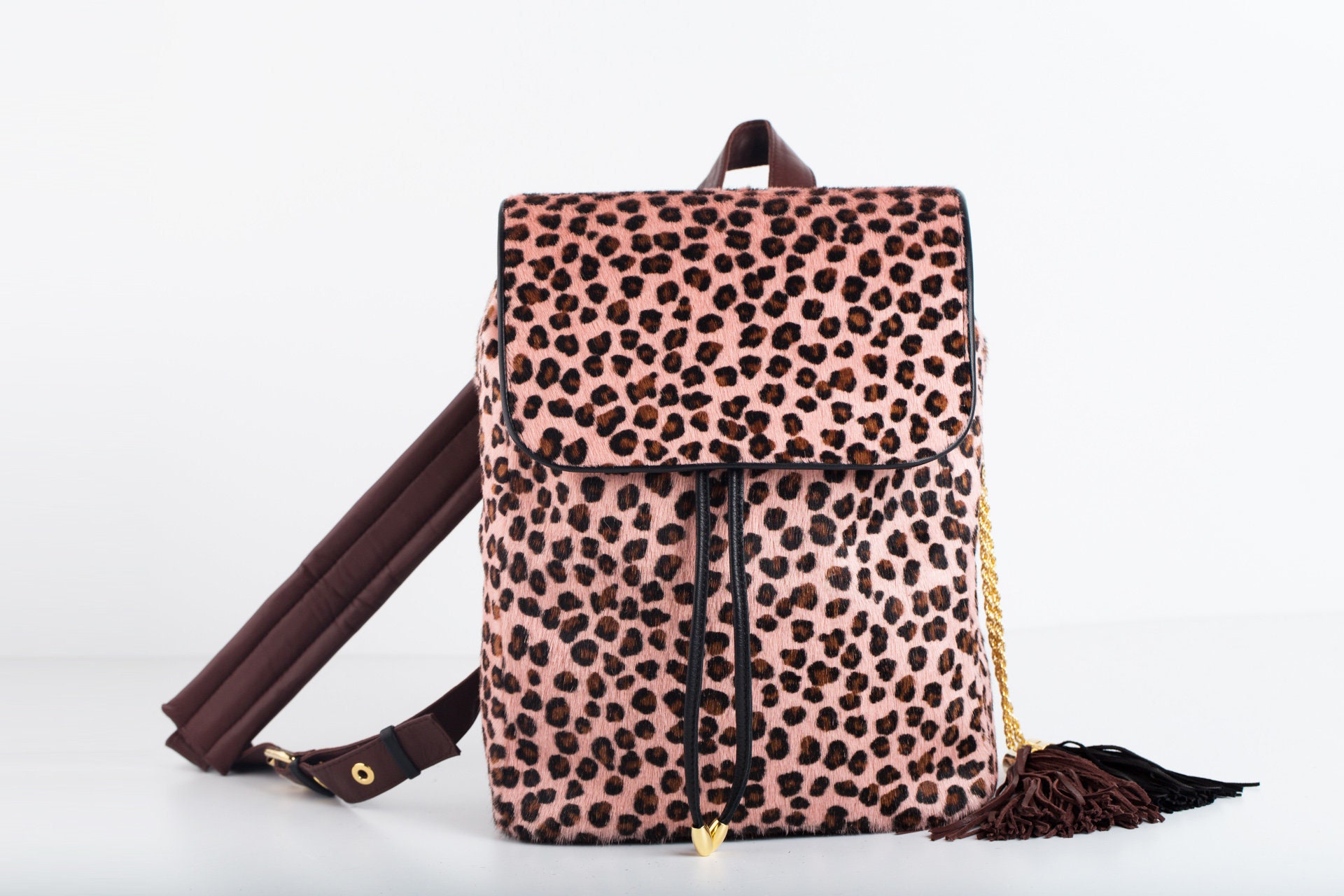 Handmade Pink Leopard Print Leather Backpack, Italian 