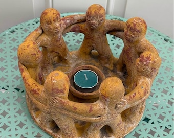 Large 8” Diameter Circle of Friends Vintage Rustic Ceramic Tea Light Holder