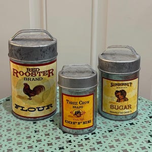 Vintage Farmhouse 3-pc set of Galvanized Tin Metal Lidded Canisters