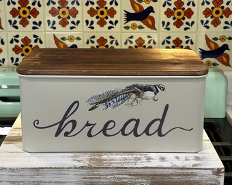 Retro Off White Elongated Metal Bread Box w/Bird