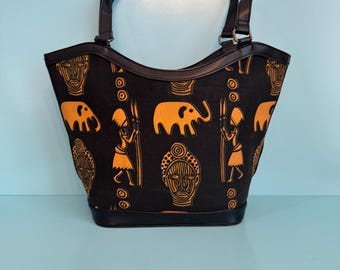 Vintage Handmade Black Canvas Printed African Shoulder Bag