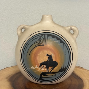 Vintage 80’s Native American Hand Painted & Signed Canteen Vase