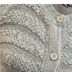 May include: A close-up of a cream-colored knitted cardigan with a textured pattern. The cardigan has a button closure and is made of a soft, fluffy material.