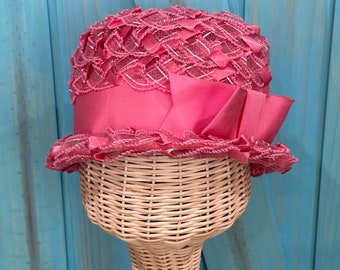 Vintage 1950's Ladies’ Pink Dressy Ribbon Bucket Hat w/Bow