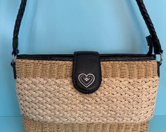 Vintage Coldwater Creek Natural Straw Woven Shoulder Bag w/Blk Leather Strap