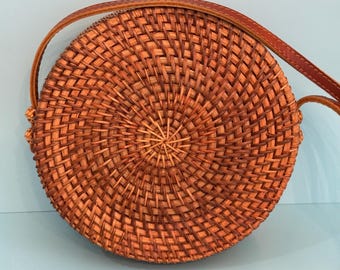 100% Rattan / Leather Handmade Brown Crossbody Bag