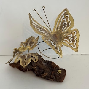 Mid Century Brass Butterflies On Wooden Rock Base