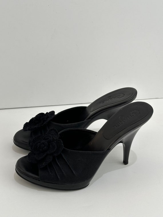 Chanel Camellia Vintage Black Mule Heel Sandals -6