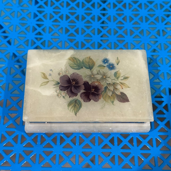Vintage 1950’s Alabaster Green Floral Table Jewelry Box / Cigarette Box
