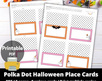 Cartões de lugar fofos de Halloween com bolinhas para impressão em PDF