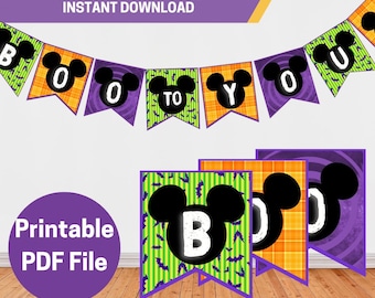 Puede incluir: Pancarta de Halloween imprimible con orejas de Mickey Mouse y las palabras "Boo to You". La pancarta está hecha de papel morado, naranja y verde con un patrón de cuadros. La pancarta es una guirnalda de 5x6 banderines.