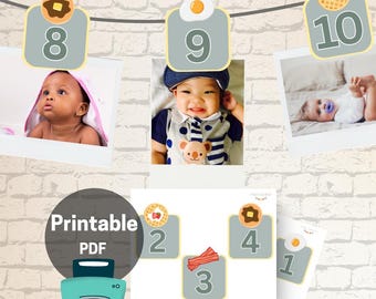 Banner fotográfico de primer año con temática de desayuno-brunch en verde salvia - Descarga digital