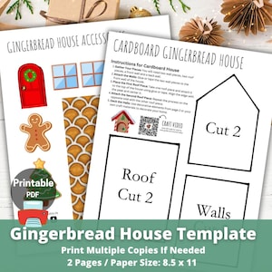 May include: Printable gingerbread house template with instructions and cut-out diagrams. Includes a red door, gingerbread man, and Christmas tree illustrations. The text reads "Gingerbread House Template" and "Print Multiple Copies If Needed". Paper size is 8.5 x 11 inches.
