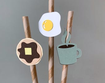 Pajitas para fiesta de panqueques en color verde salvia, decoraciones de papel con temática de desayuno brunch.
