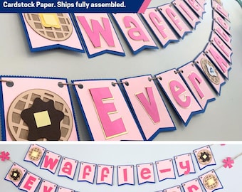 Waffle-y Ever After Waffle Themed Word Banner, Brunch Party Decoration, Navy Blue and Blush Pink