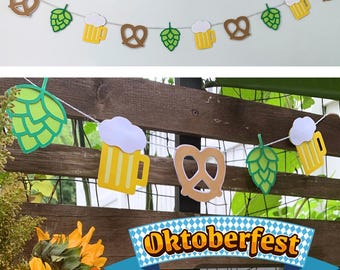 Green Hops, Beer Mug and Pretzel Paper Garland, Oktoberfest Party Decoration