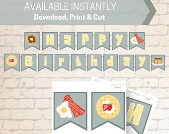 Happy Birthday Breakfast Banner in Sage Green, INSTANT DOWNLOAD, Pancakes Waffles Eggs and Bacon