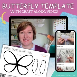 May include: A printable butterfly template for crafting. The template includes instructions for creating a flapping butterfly with a paper straw. The image also shows a woman on a video call demonstrating how to make the craft.