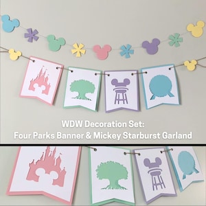 May include: A decorative banner set with a Mickey Mouse theme. The set includes a garland of Mickey Mouse and starburst shapes, and a banner with cut-out designs of park icons. The text "WDW Decoration Set" is visible.