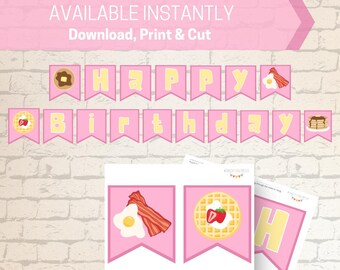Happy Birthday Breakfast Banner in Pink, INSTANT DOWNLOAD, Pancakes Waffles Eggs and Bacon