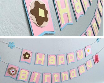 Happy Birthday Waffles Pancake Themed Banner Party Decorations, Pink and Blue Color Scheme