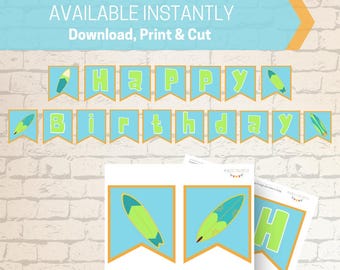 Happy Birthday Surfing Banner, INSTANT DOWNLOAD, Blue Green and Orange