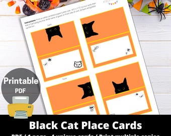 Cartões de lugar de Halloween do gato preto para impressão em PDF