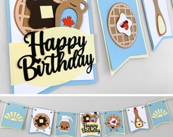 Breakfast Happy Birthday Banner, Brunch Party Decoration, Pancakes and Waffles