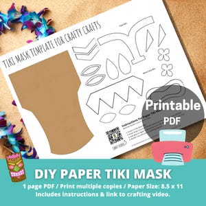 Puede incluir: Una plantilla imprimible de máscara Tiki de papel DIY con instrucciones y un enlace a un vídeo de manualidades. La plantilla incluye piezas de la cara y más piezas de la cara, y está diseñada para papel de tamaño A4. Una colorida máscara Tiki se muestra en la esquina.