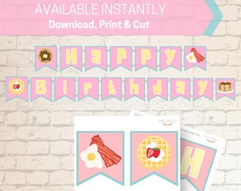 Happy Birthday Breakfast Banner in Pink and Blue, INSTANT DOWNLOAD, Pancakes Waffles Eggs and Bacon