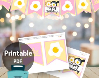 Egg Breakfast Happy Birthday Banner in Pink & Yellow, INSTANT DOWNLOAD
