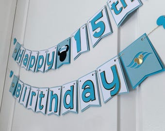 Small Cabin Door Size - Cruise Inspired Happy Birthday Banner in Blue and Gold