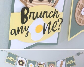 ¿Brunch para alguien? Pancarta de primer cumpleaños, decoración para fiesta de brunch, panqueques y waffles - Verde salvia y amarillo