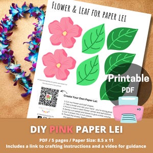 Pode incluir: Instruções imprimíveis para fazer um lei de papel rosa DIY. O PDF inclui 5 páginas de modelos de flores e folhas para cortar e montar em um lei. O tamanho do papel é de 8,5 x 11 polegadas.