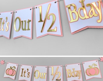 Twin 1/2 Birthday Pretty Pumpkin Banner, Autumn Six Month Baby Photo