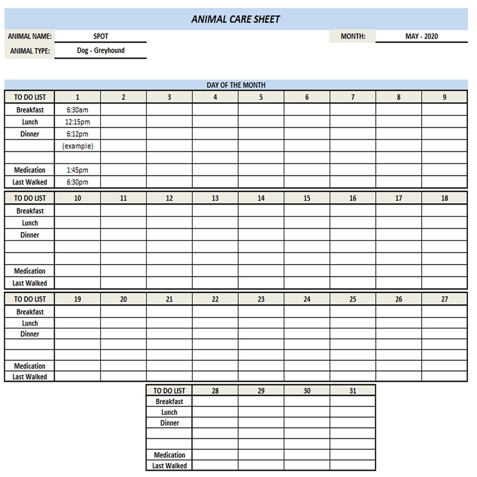Animal Care Sheet Etsy